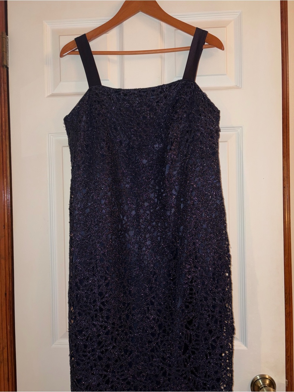 R&M Richard’s navy lace shimmering cocktail dress with matching sheer jacket